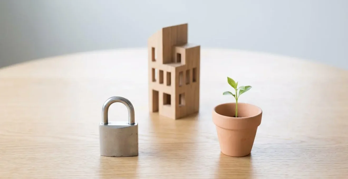 Composition symbolique montrant une maquette d'immeuble, un cadenas et une plante verte, représentant les enjeux du marché immobilier : développement, accessibilité et transition écologique.