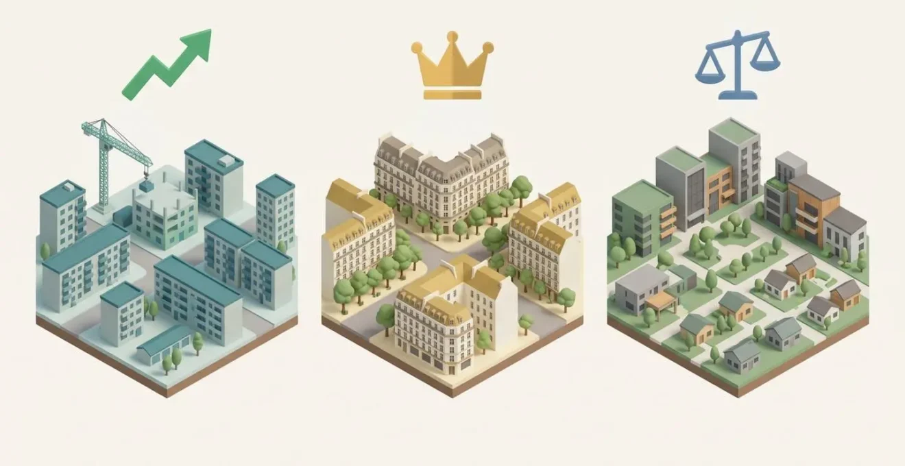 Illustration isométrique comparant trois secteurs du 92 : Nord avec développement en cours, Ouest avec prestige haussmannien, Sud avec équilibre résidentiel.