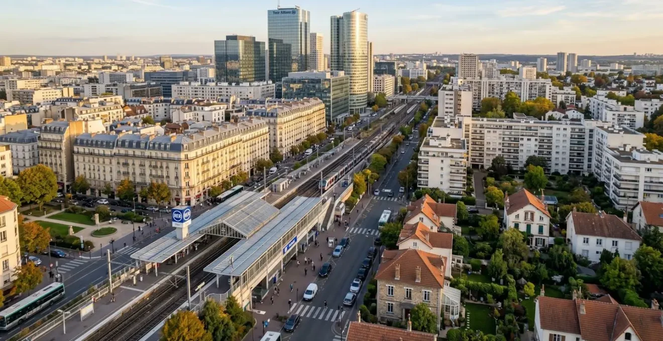 Vue aérienne d'un quartier des Hauts-de-Seine montrant la diversité architecturale entre immeubles haussmanniens, tours modernes, résidences et pavillons, avec une station RER au centre.